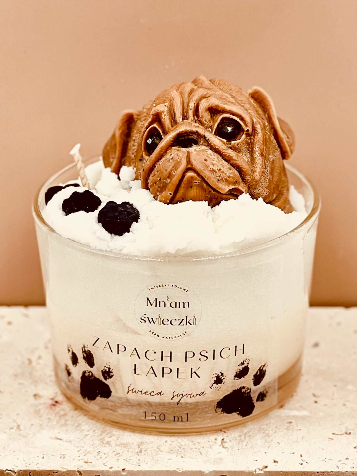Świeca sojowa o zapachu psich łapek - Mops duży