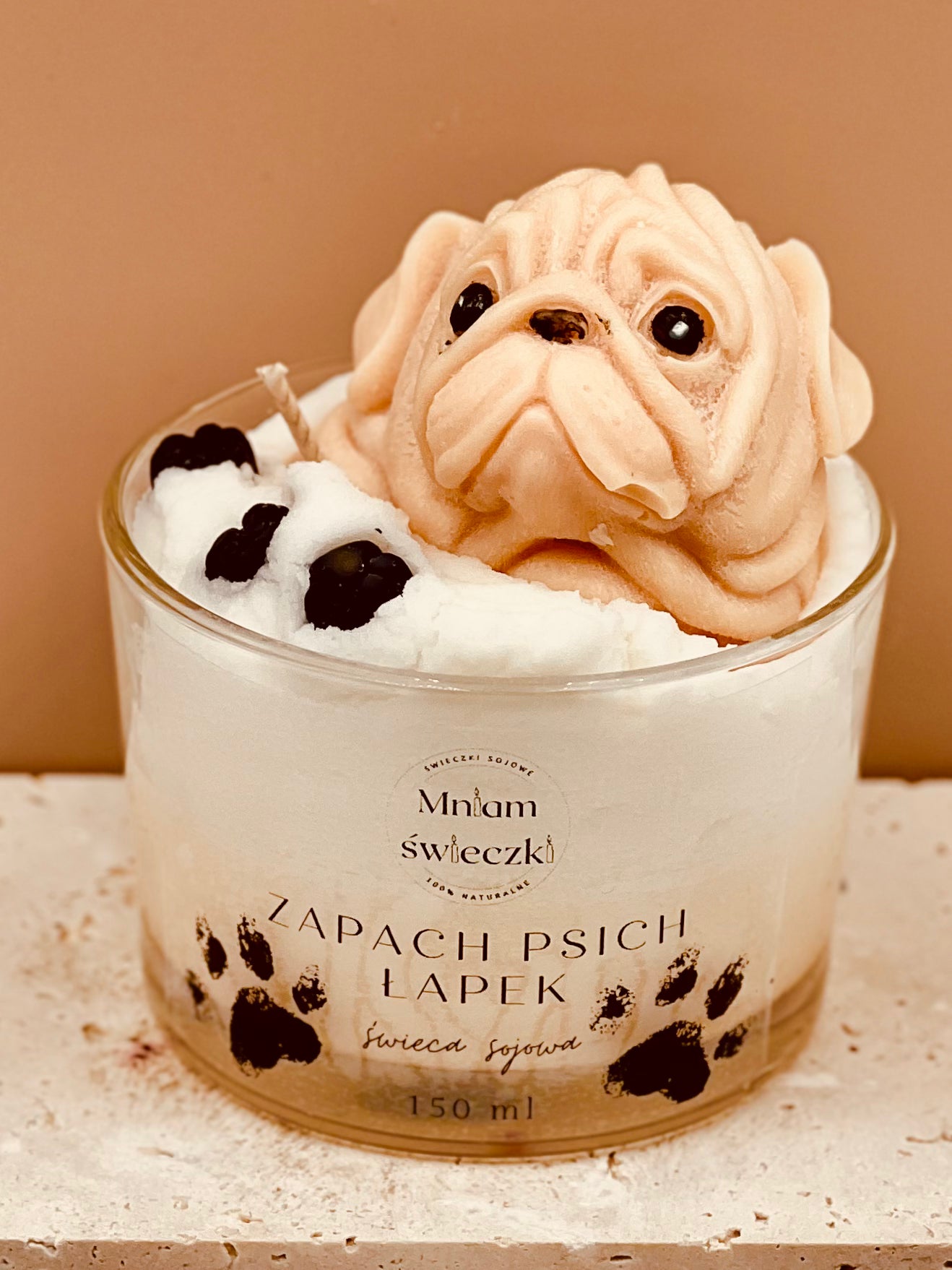 Świeca sojowa o zapachu psich łapek - Mops duży